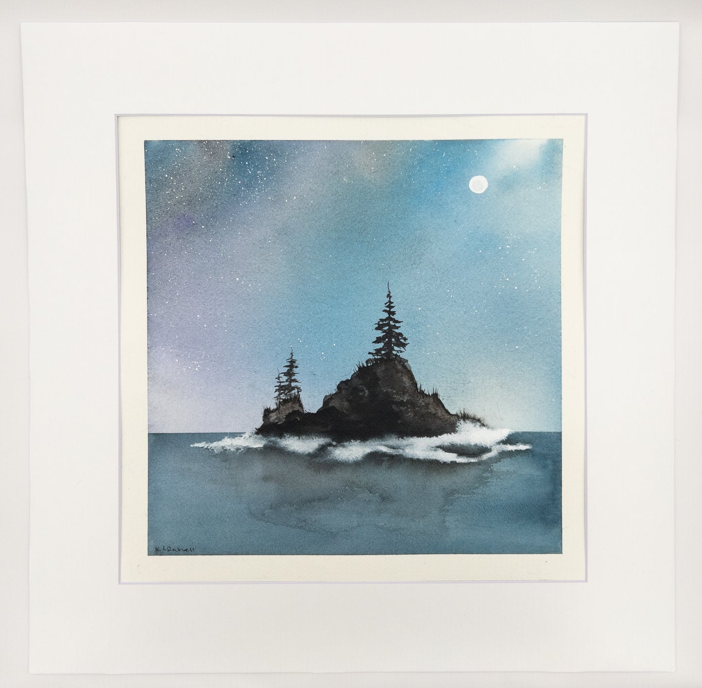 Moonrise Haven - Original Watercolor by K.L. Rockwell (Matted 16" x 16")