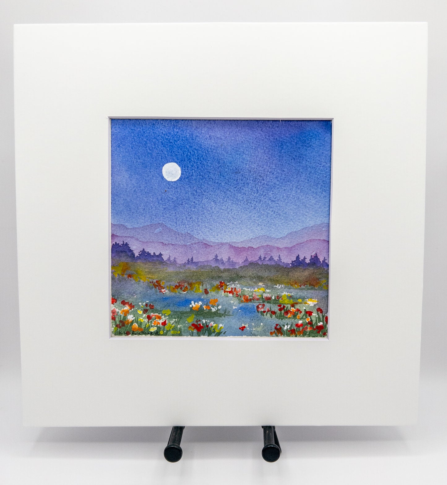 Moon Over Wildflowers - Original Watercolor by K.L. Rockwell (Matted 12" x 12")