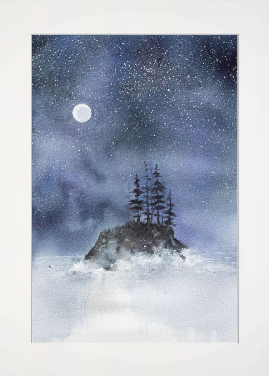 Moonlit Sentinel - Original Watercolor by K.L. Rockwell (Matted 24" x 18")