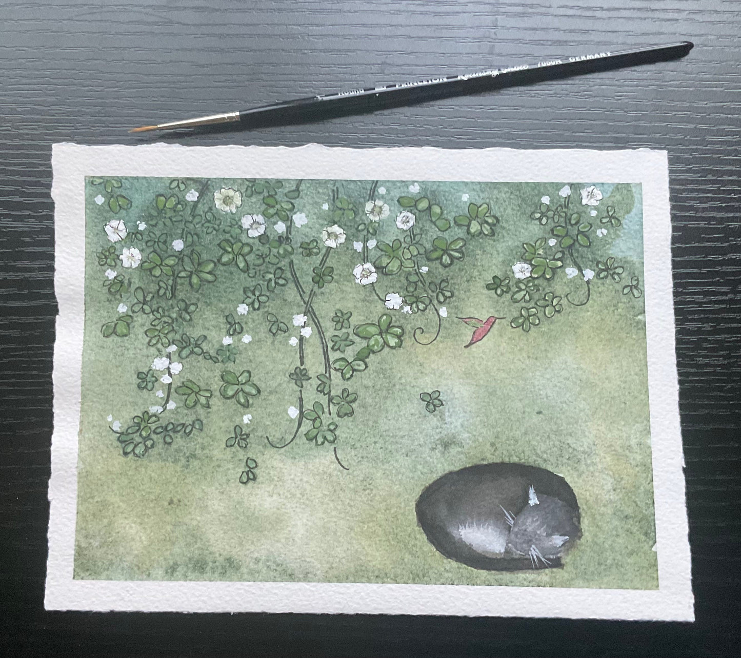 "Cat Under Vines With Hummingbird" - Original Watercolor Painting