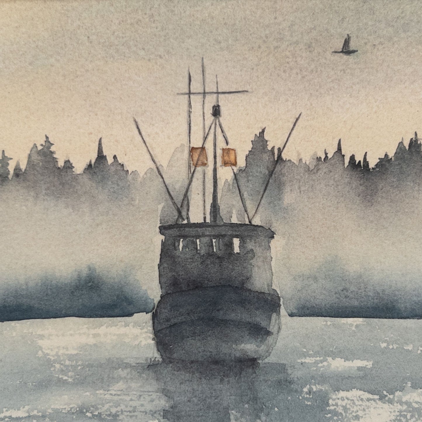 Fishing Vessel at Dawn - Original Watercolor by K.L. Rockwell (Matted 12" x 9")