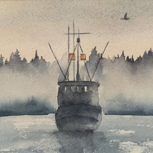 Fishing Vessel at Dawn - Original Watercolor by K.L. Rockwell (Matted 12" x 9")