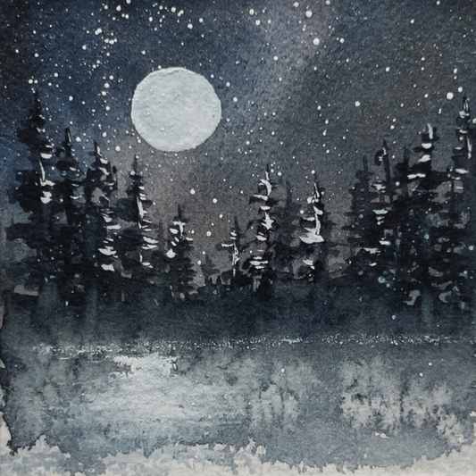 Moonlit Pines – Original Watercolor by K.L. Rockwell (Matted 8" x 10")