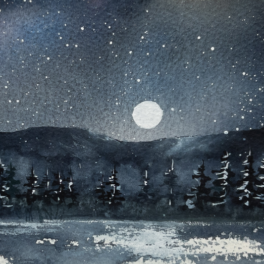 Winter Moonrise – Original Watercolor by K.L. Rockwell (Matted 8" x 10")