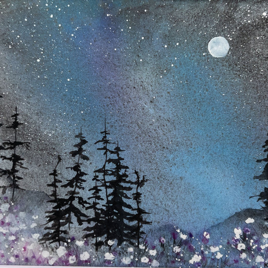 Moonlit Wildflowers - Original Watercolor by K.L. Rockwell (Matted 14" x 11")