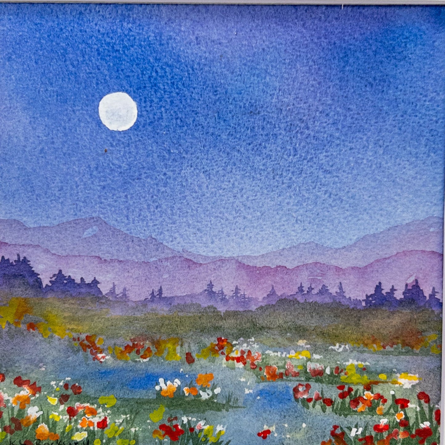 Moon Over Wildflowers - Original Watercolor by K.L. Rockwell (Matted 12" x 12")
