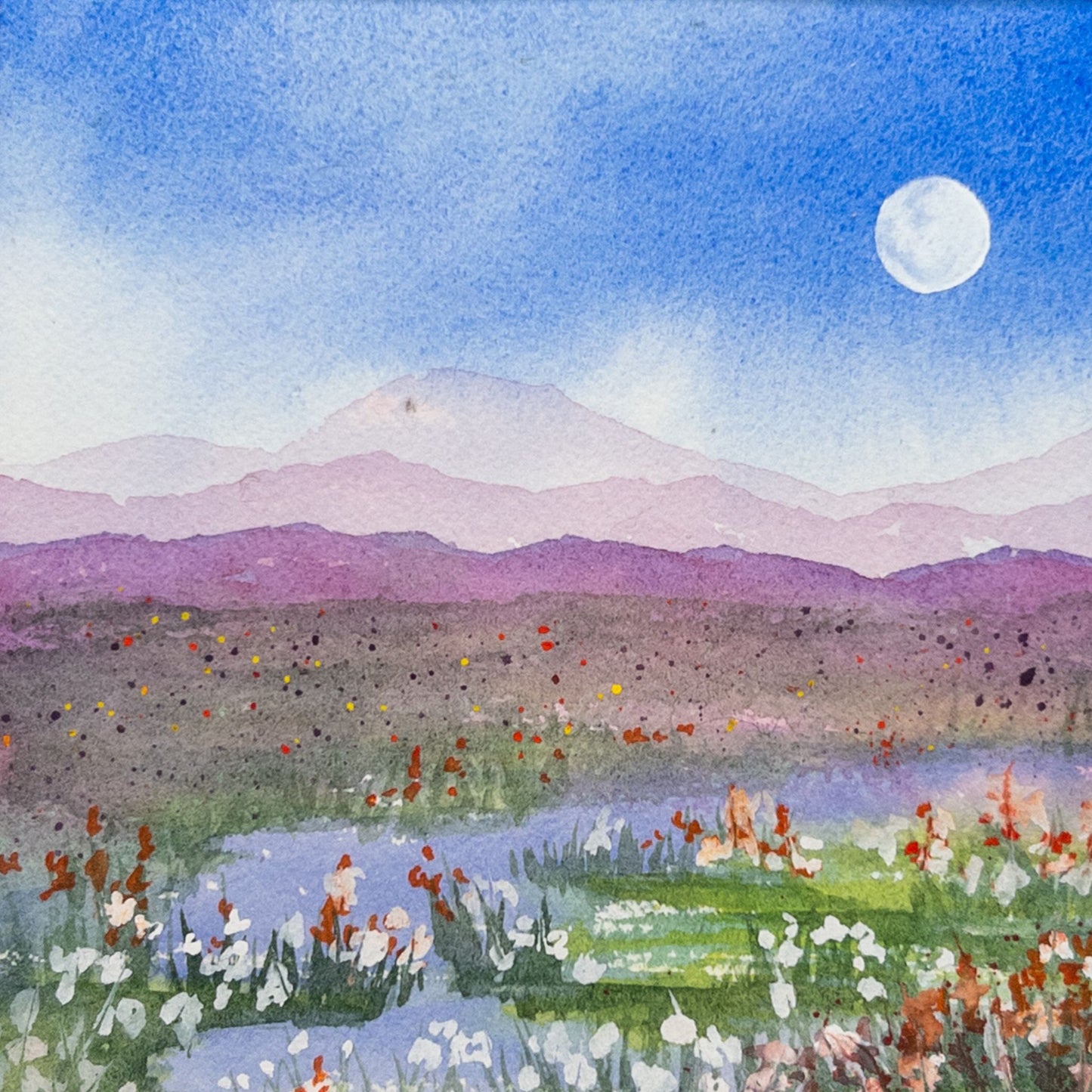 Wildflower Stream Under Moonlight - Original Watercolor by K.L. Rockwell (Matted 12" x 12")
