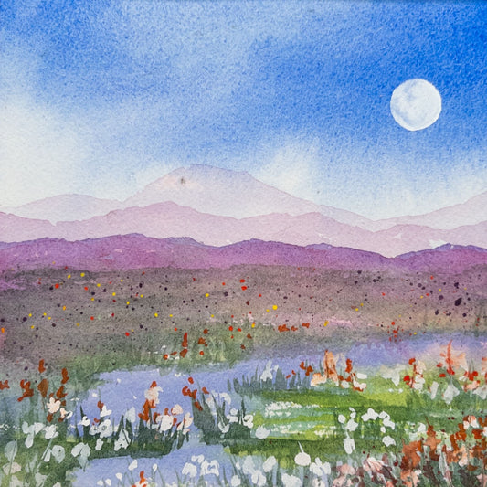 Wildflower Stream Under Moonlight - Original Watercolor by K.L. Rockwell (Matted 12" x 12")