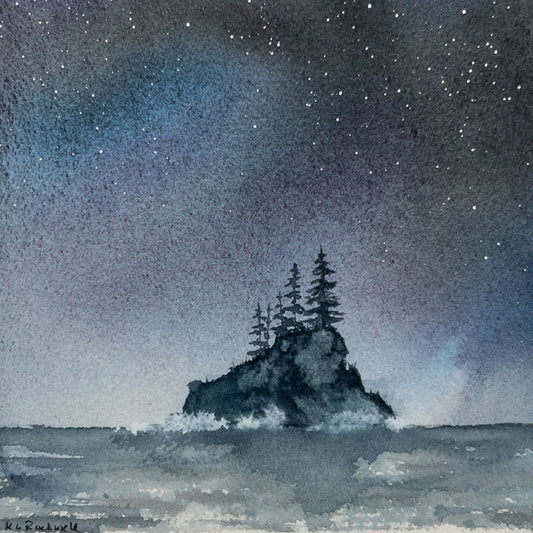 Island Beneath the Stars - Original Watercolor by K.L. Rockwell (Matted 12" x 12")