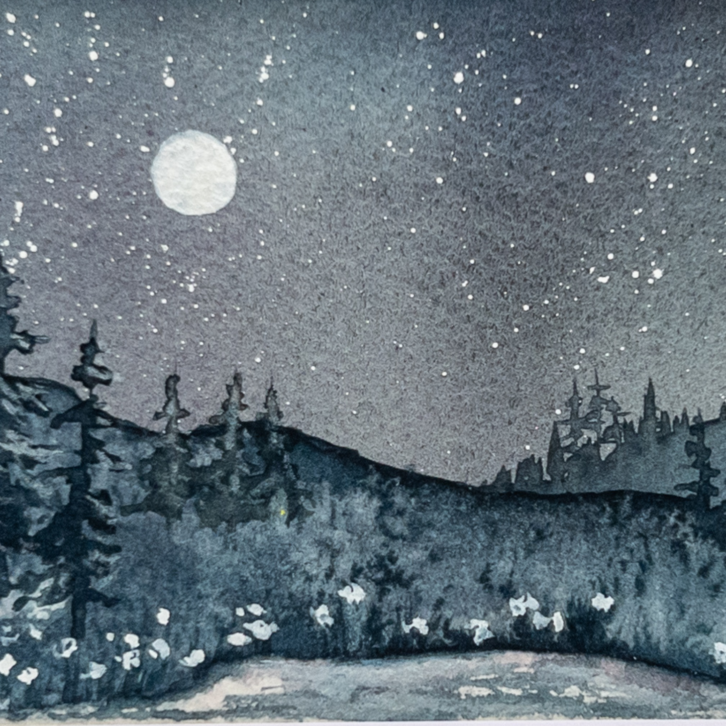 Moonlit Lake - Original Watercolor by K.L. Rockwell (Matted 10" x 8")