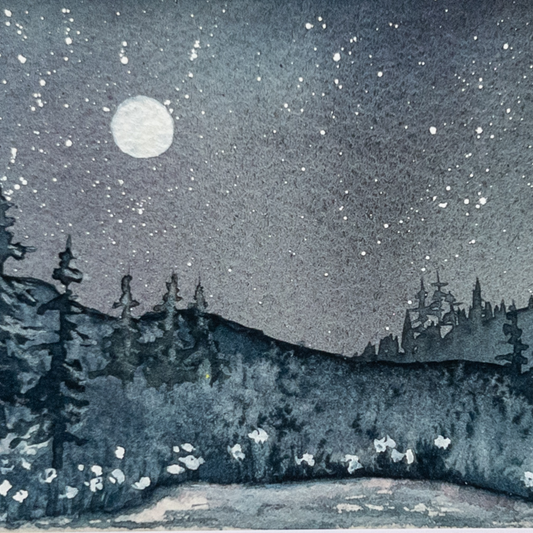 Moonlit Lake - Original Watercolor by K.L. Rockwell (Matted 10" x 8")