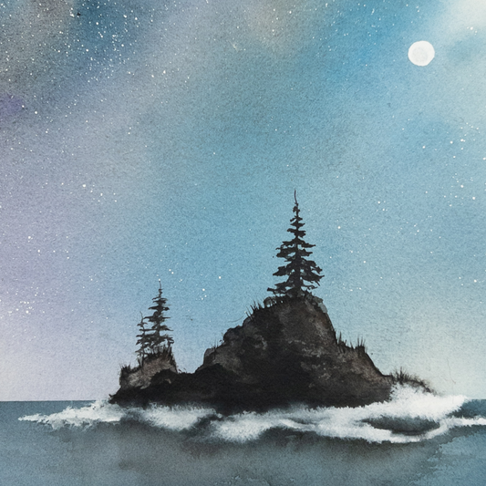Moonrise Haven - Original Watercolor by K.L. Rockwell (Matted 16" x 16")