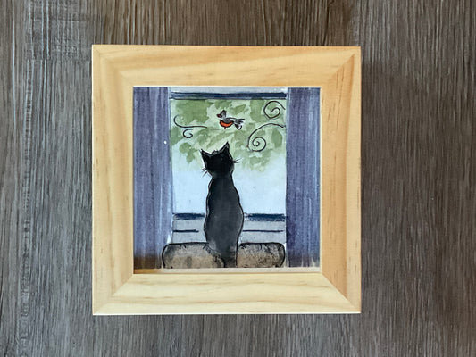 “Cat Watching Bird” Original Watercolor Illustration