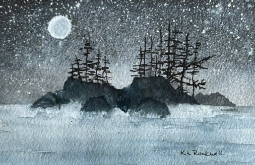 Silver Pines at Sea: Original Watercolor by K.L. Rockwell (Matted 8" x 10")