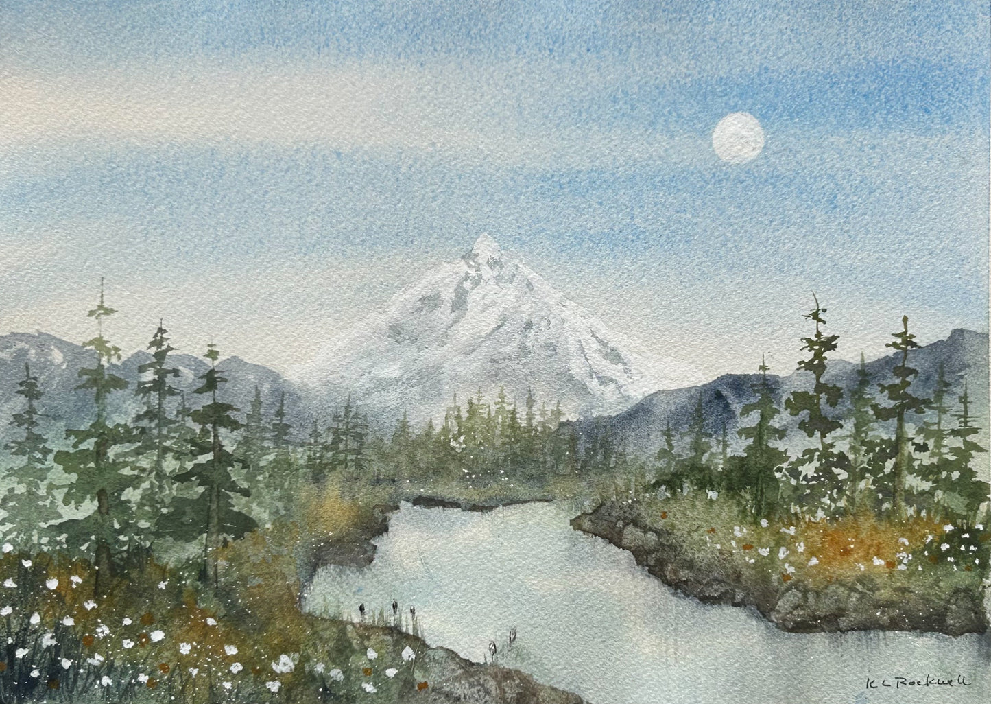 Mt. Hood Moonrise - Original Watercolor by K.L. Rockwell (Matted 11x14")