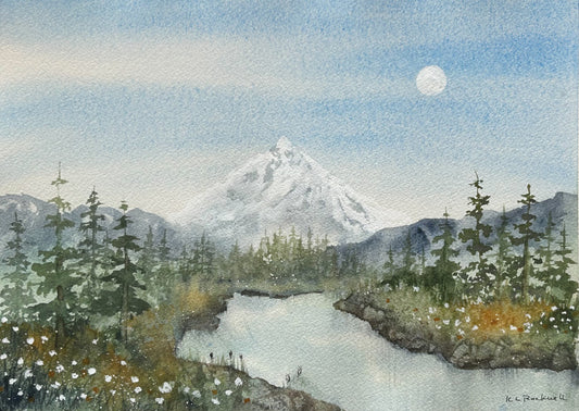 Mt. Hood Moonrise - Original Watercolor by K.L. Rockwell (Matted 11x14")