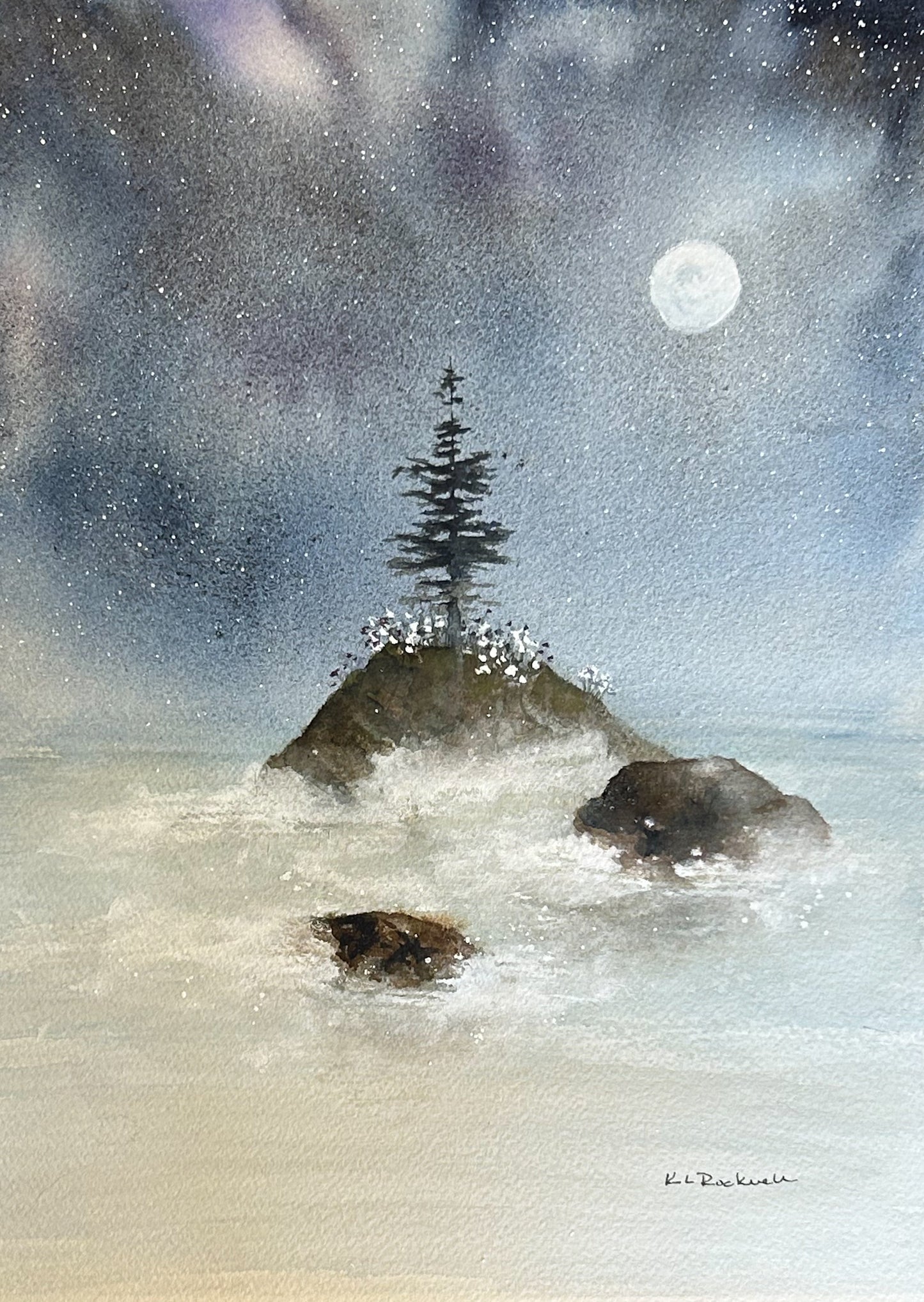 Solitary Moonset: Original Watercolor by K.L. Rockwell (Matted 11x14")
