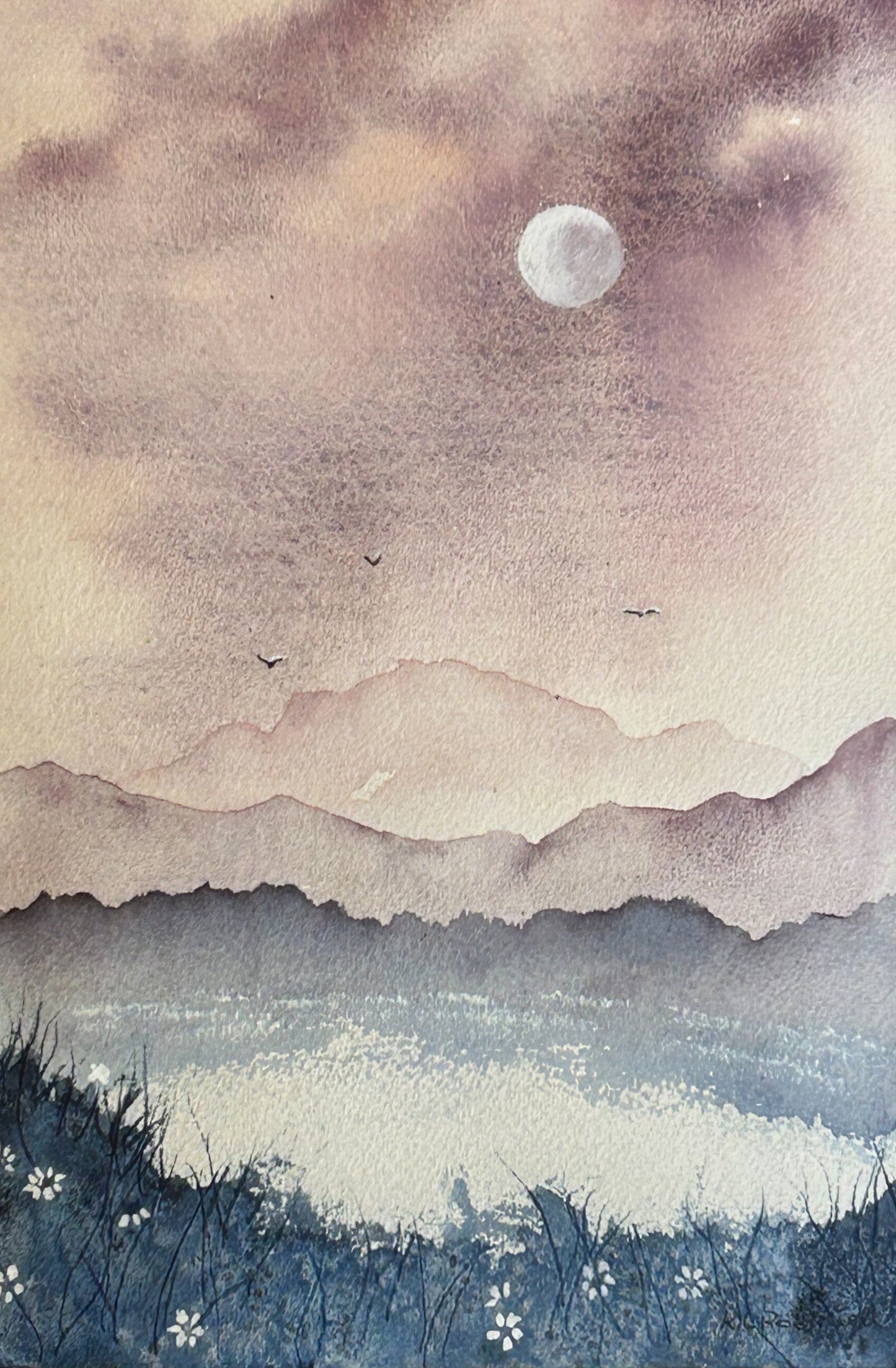 Lavender Tide Moon: Original Watercolor by K.L. Rockwell (Matted 12x9")