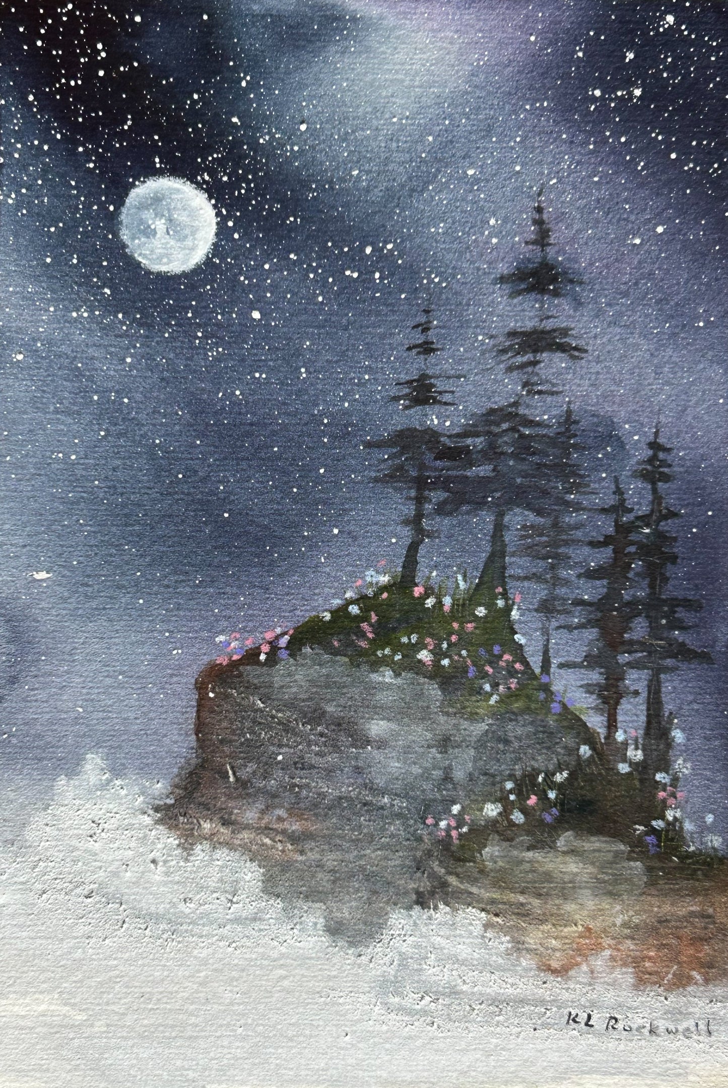 Moonflower Isle: Original Watercolor by K.L. Rockwell (Matted 10" x 8")