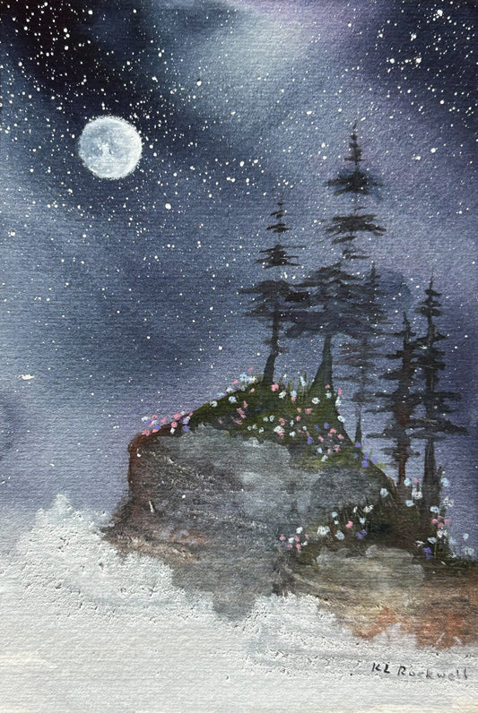 Moonflower Isle: Original Watercolor by K.L. Rockwell (Matted 10" x 8")