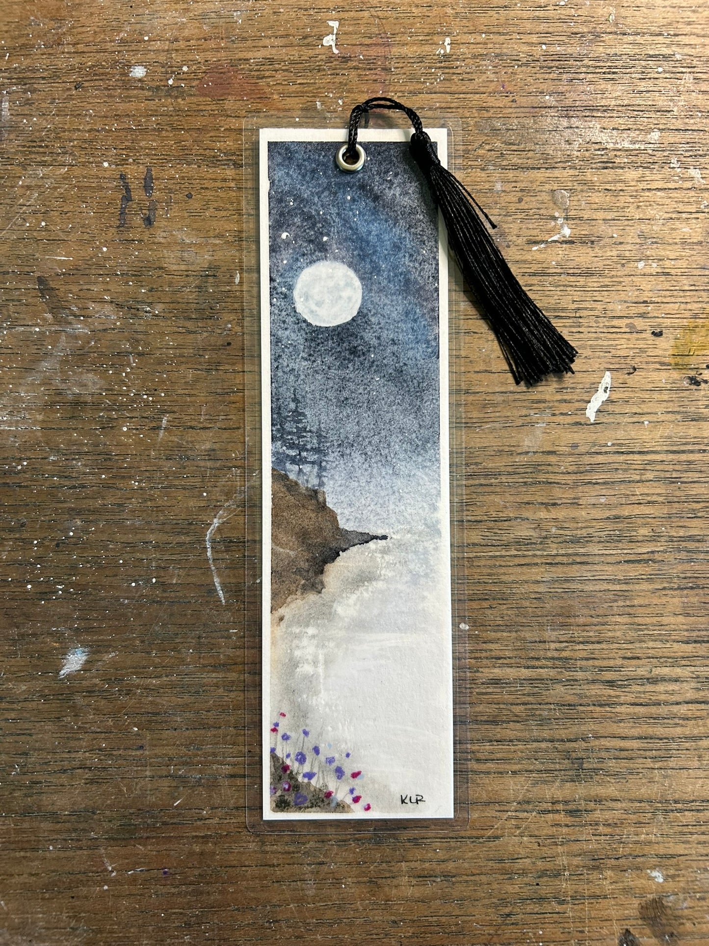 Agate Beach Moonrise — Original Hand-Painted Watercolor Bookmark by K.L. Rockwell (2.5" x 8")