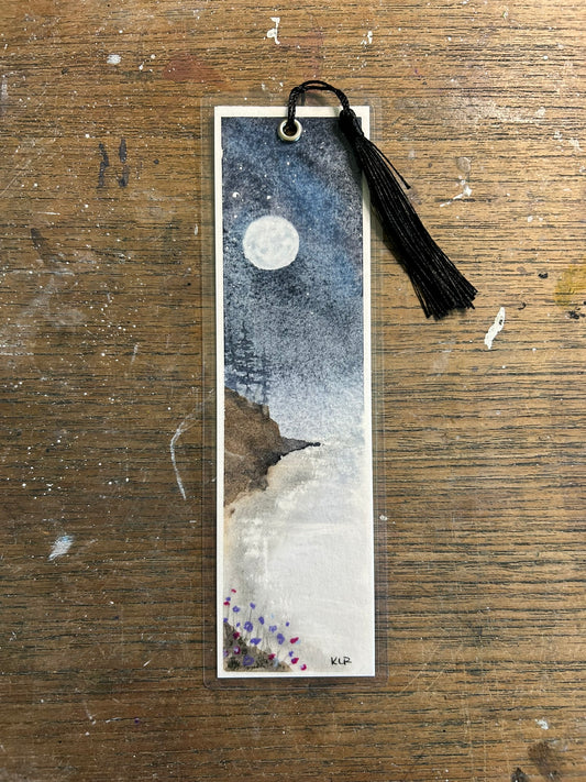 Agate Beach Moonrise — Original Hand-Painted Watercolor Bookmark by K.L. Rockwell (2.5" x 8")