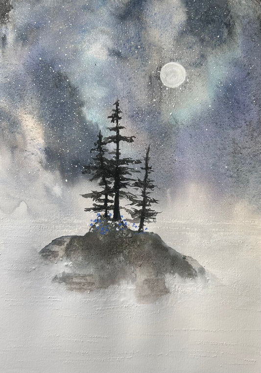 Misty Island, Aurora Skies - Original Watercolor by K.L. Rockwell (Matted 14" x 11")