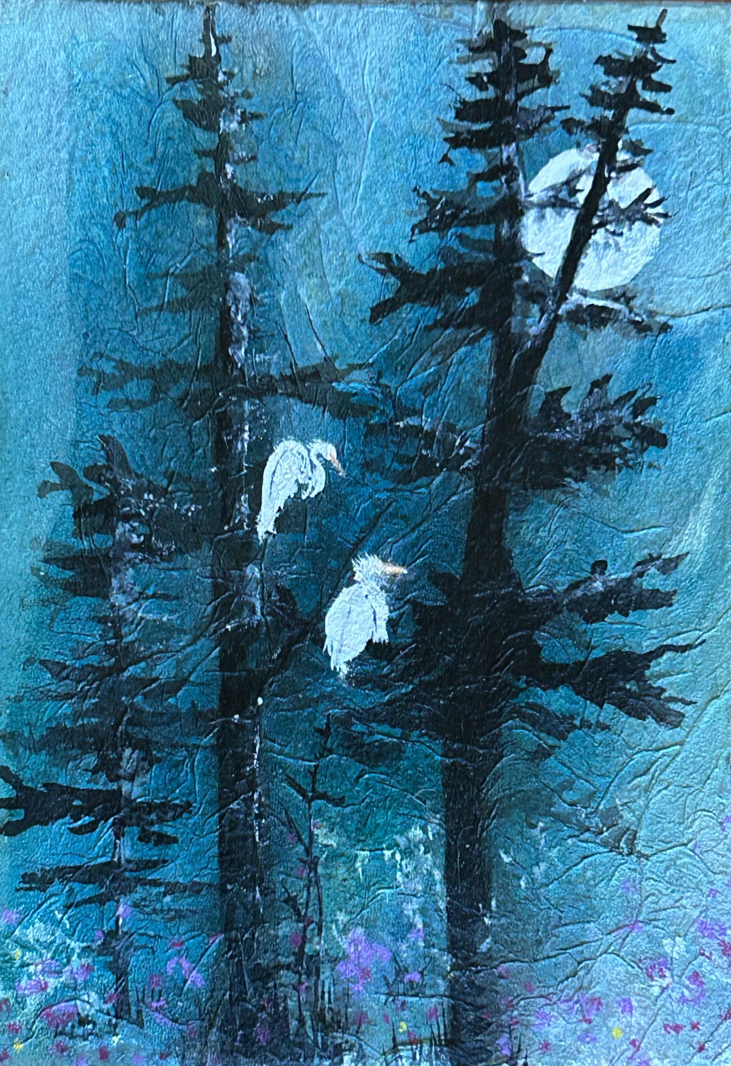Egret Moon - Original Mixed Media Painting by K.L. Rockwell (7" x 5", Ready to Hang)