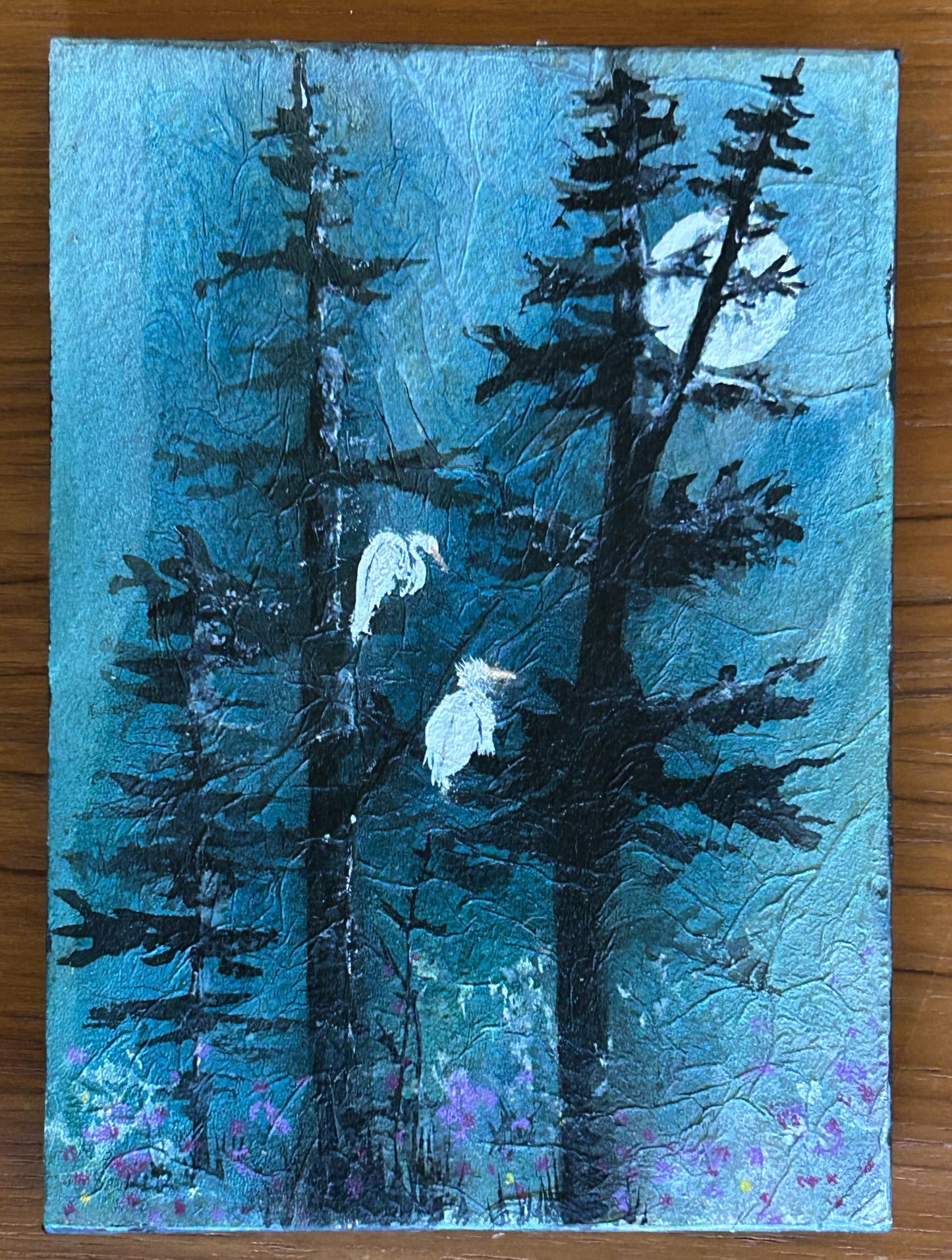 Egret Moon - Original Mixed Media Painting by K.L. Rockwell (7" x 5", Ready to Hang)