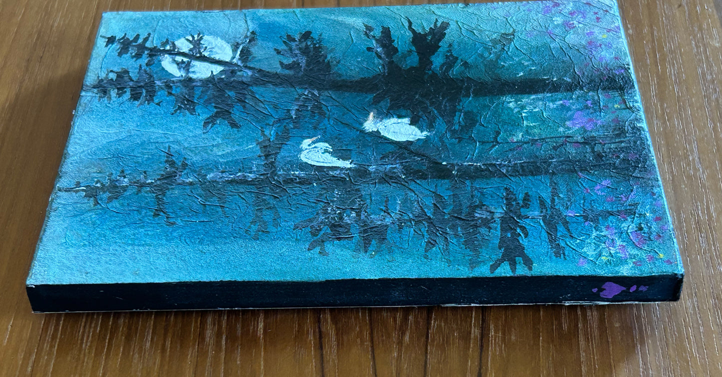Egret Moon - Original Mixed Media Painting by K.L. Rockwell (7" x 5", Ready to Hang)
