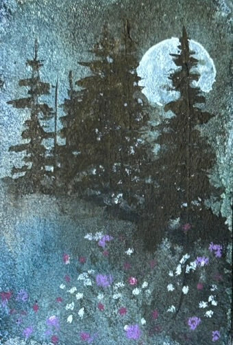 Silver Moon Vigil: Original Watercolor by K.L. Rockwell (3" x 2" Art Board)