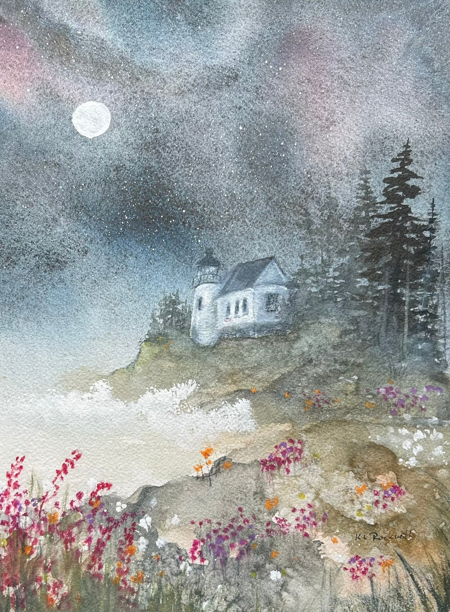 Keeper's Moon: Original Watercolor by K.L. Rockwell (Matted 11" x 14")