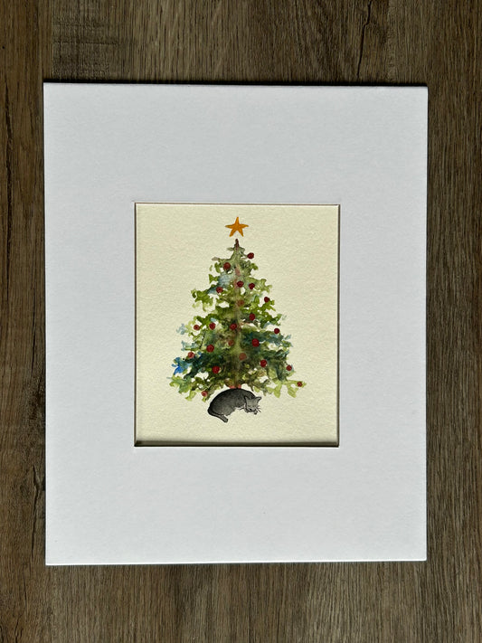 "Christmas Tree With Cat" - Original Watercolor Illustration