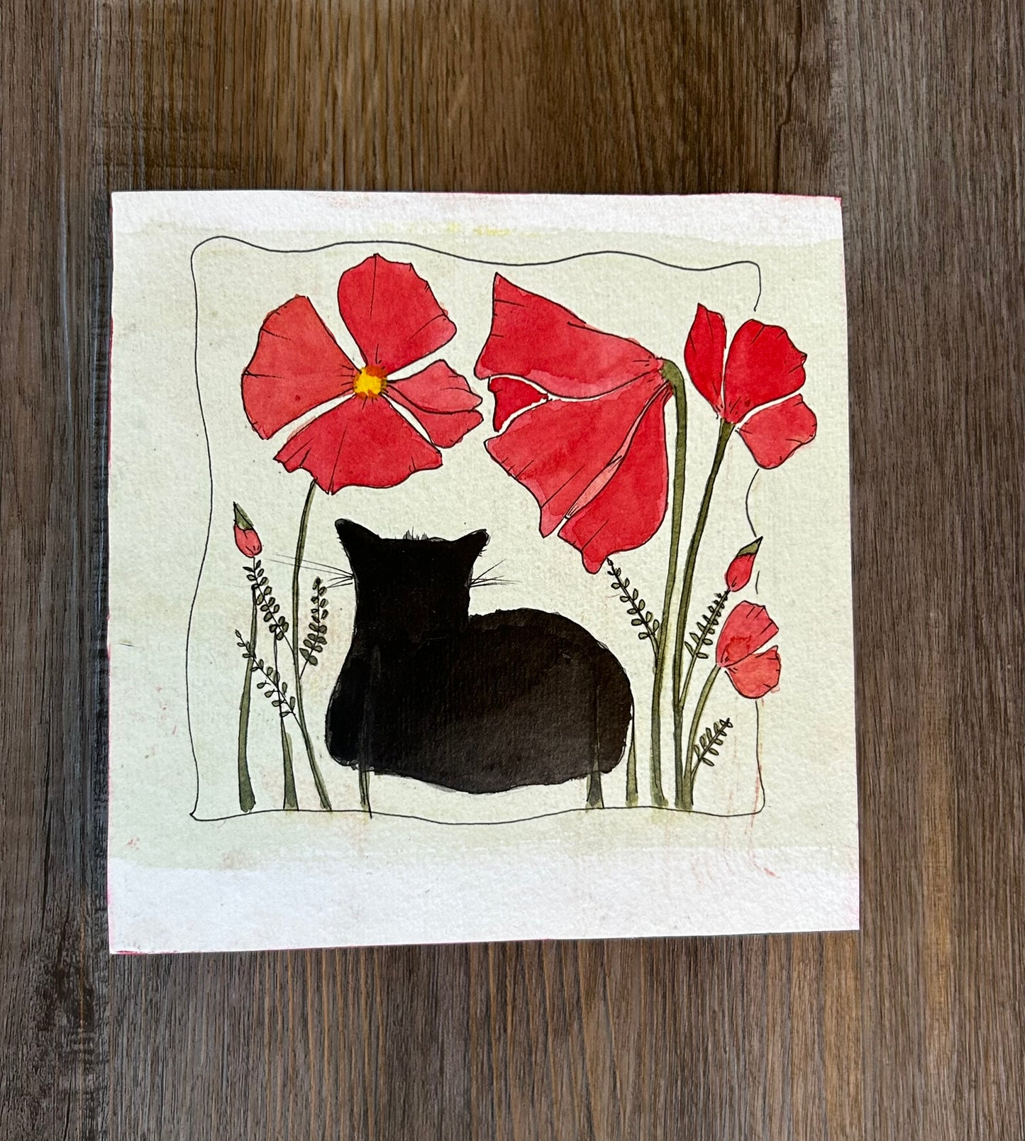 "Black Cat & Flowers" - Original Watercolor Painting