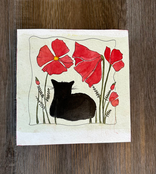 "Black Cat & Flowers" - Original Watercolor Painting