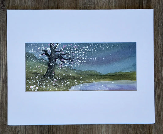 "Falling Blossoms Next To Lake" - Original Watercolor Painting