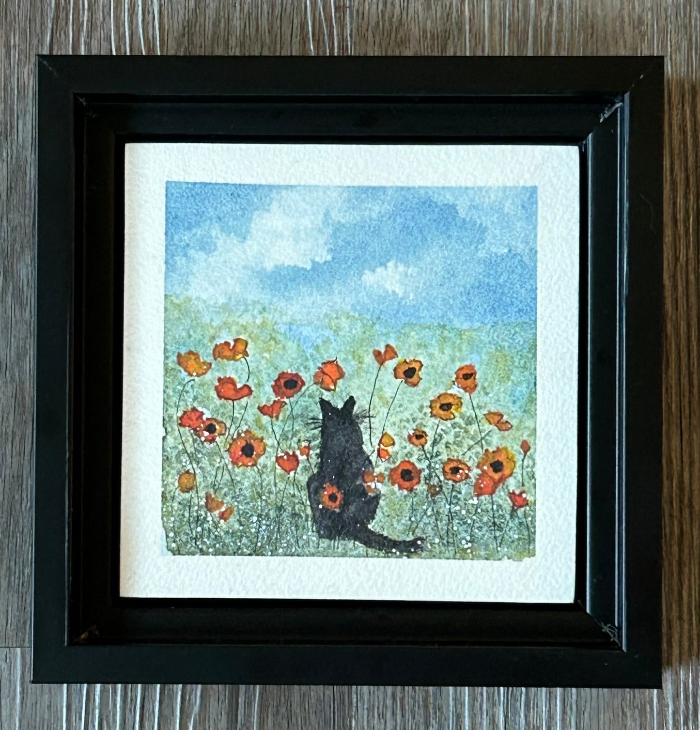 "Black Cat In Field Of Poppies" - Original Watercolor Illustration