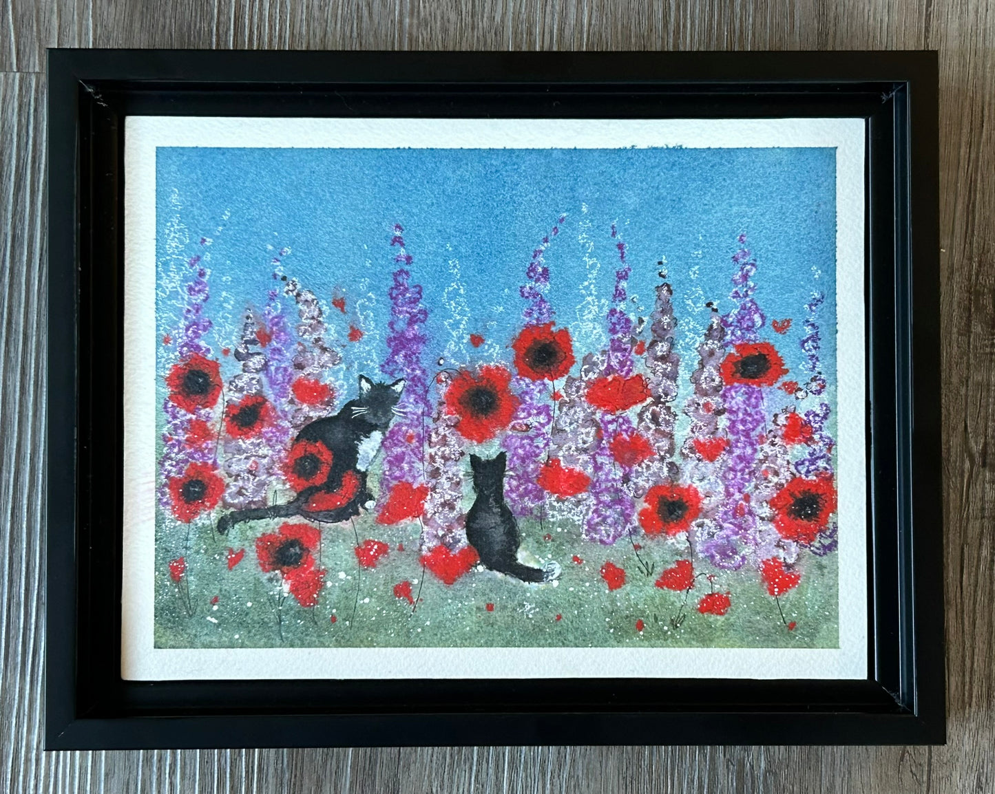 "Tuxedo Cats In Flower Patch" - Original Watercolor Illustration