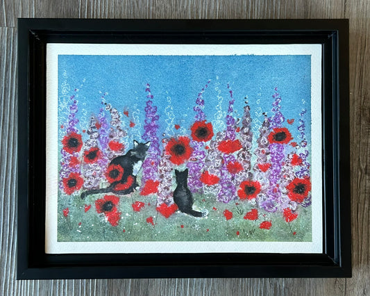 "Tuxedo Cats In Flower Patch" - Original Watercolor Illustration