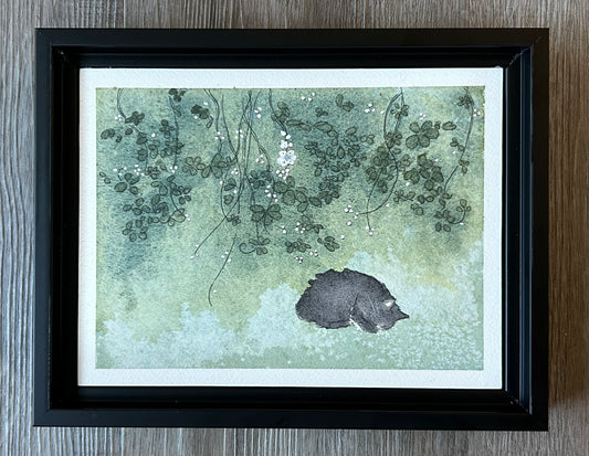 "Sleeping Cat Under Blossoming Vines" - Original Watercolor Illustration