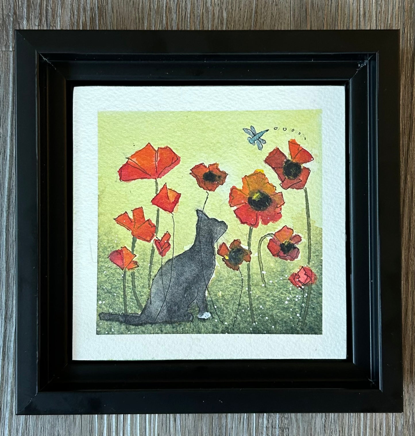 "Black Cat With Poppies And Dragonfly" - Original Watercolor Illustration