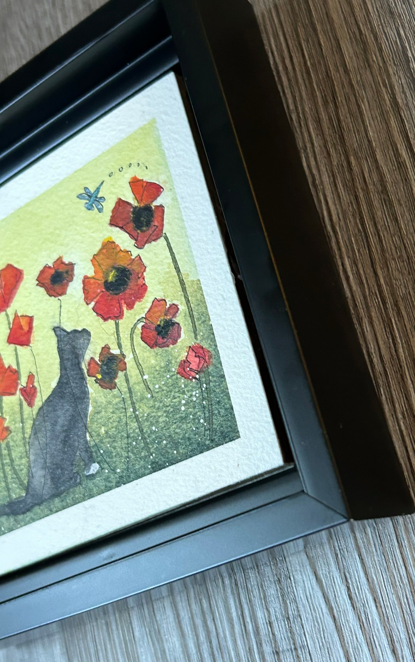 "Black Cat With Poppies And Dragonfly" - Original Watercolor Illustration