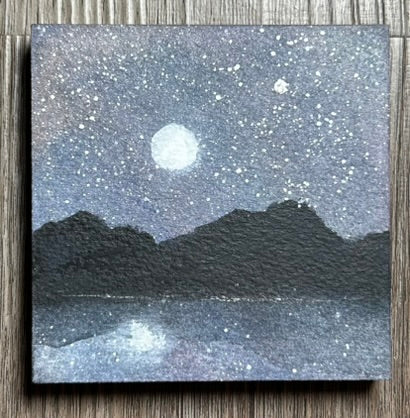 Starry Sky, Winter Moon - Original Watercolor Painting On Art Board