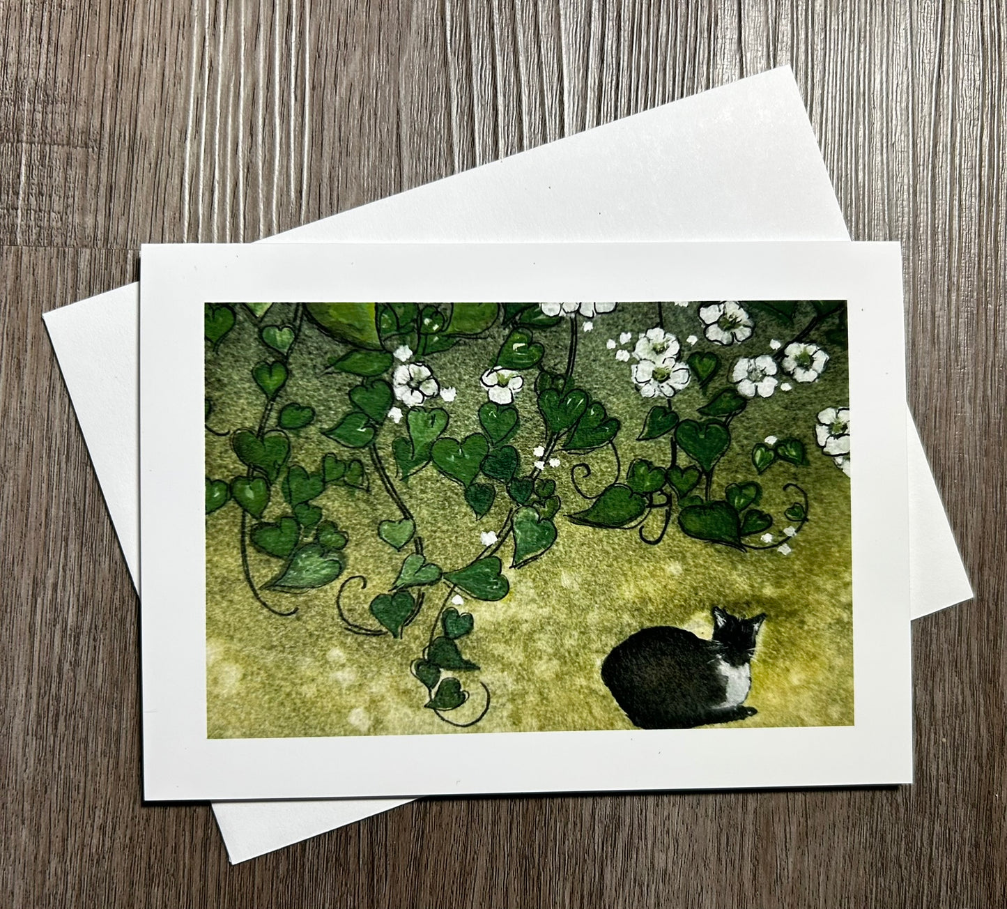 Tuxedo Cat Laying Under Blossoming Vines - Art Card