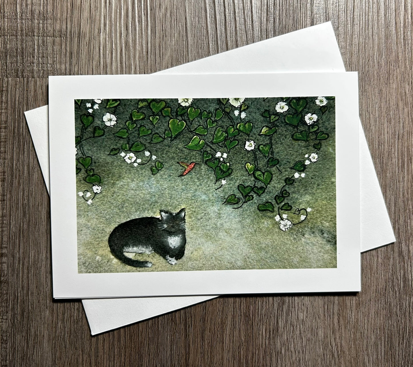 Tuxedo Cat With Hummingbird Under Blossoming Vines - Art Card