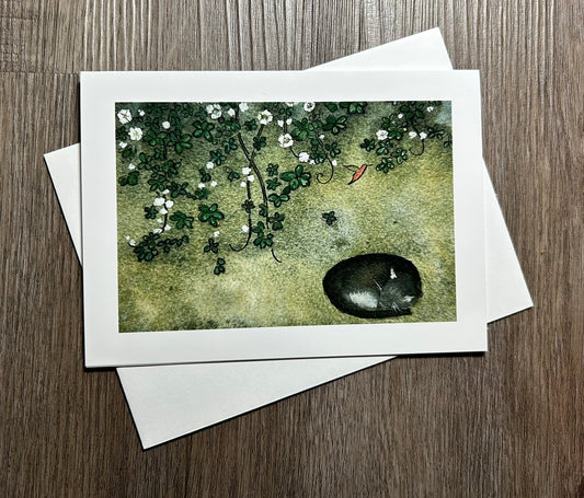 Tuxedo Cat Sleeping Under Vines With Hummingbird - Art Card