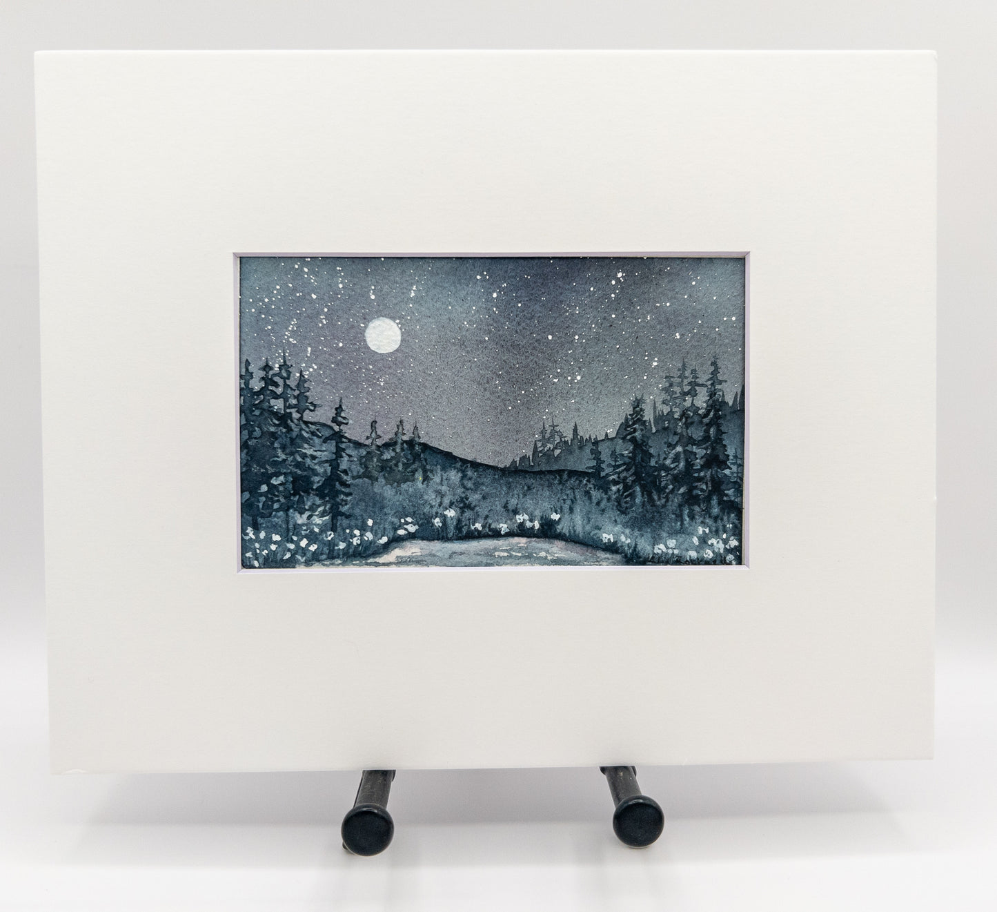 Moonlit Lake - Original Watercolor by K.L. Rockwell (Matted 10" x 8")