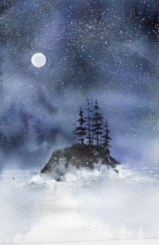 Moonlit Sentinel - Original Watercolor by K.L. Rockwell (Matted 24" x 18")
