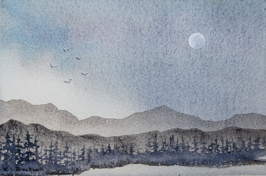 Moonlit Ridge Hush - Original Watercolor by K.L. Rockwell (Matted 8" x 10")