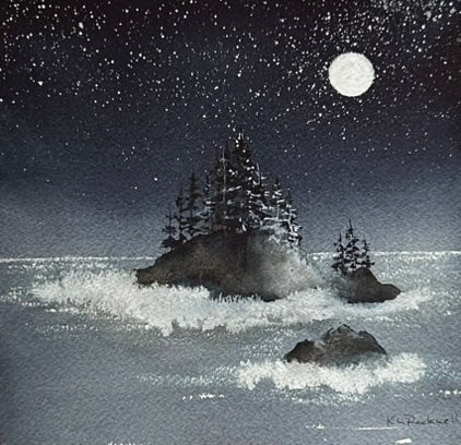 Moonlit Pacific Isle - Original Watercolor by K.L. Rockwell (Matted 12" x 12")
